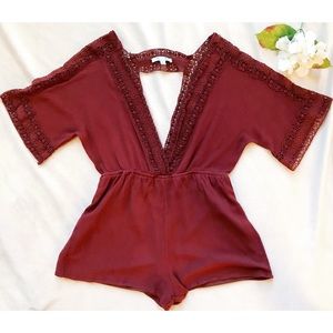 She + Sky Burgundy Deep V Romper